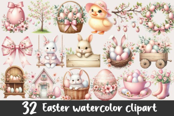 Download Pink Easter Watercolor Clipart Bundle - Watercolor clipart Collection