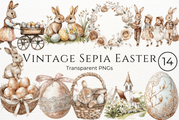 Download Vintage Sepia Easter Watercolor Cliparts - Watercolor clipart Collection